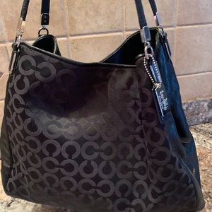 Authentic COACH Large Leather and Signature Canvas Style Shoulder Bag, Black